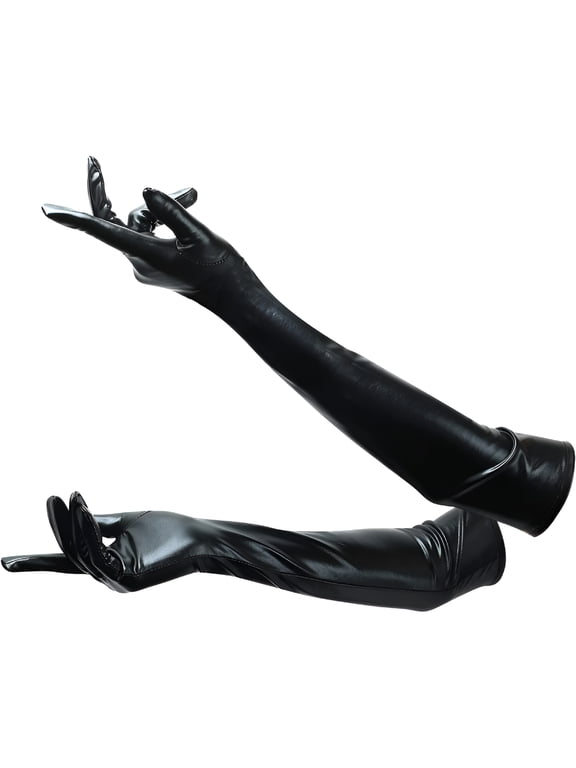 Long Elbow Gloves, Leather Gloves Long Cat Woman Accessories Stretchy 80'S Gloves Opera Gloves Evening Party Dance Glove for Woman (Black)