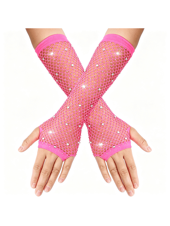 Long Rhinestone Fingerless Fishnet Gloves Steampunk Punk Fish Net Arm Sleeve 80S Costume Halloween for Women Girls,Fishnet Arm Sleeves