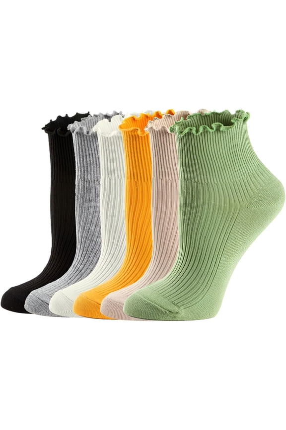 Mary Womens Socks,Ruffle Turn-Cuff Casual Ankle Socks Breathable Cool Knit Cotton Lettuce Crew Frilly Sock 6 Pack
