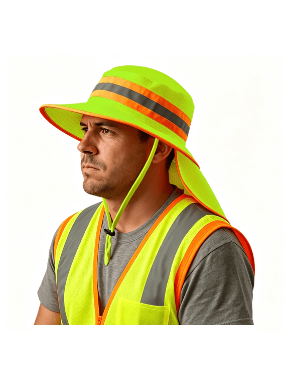 Men High Visibility Reflective Bucket Hat with Neck Flap Wide Brim Boonie Sun Hat Cap High Visibility Construction Hat