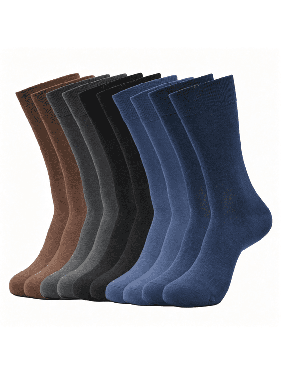 Men'S Bamboo Fiber Dress Socks,Solid Color Breathable Moisture-Wicking,Brown Gray Navy,Crew Socks,5 Pack Mens Dress Socks Size 13-15