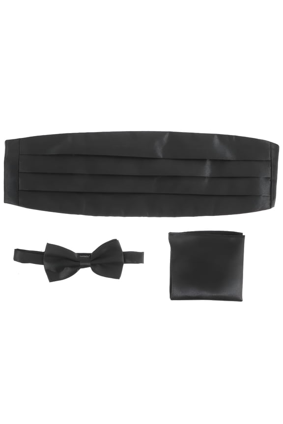 Men's Cummerbund Bow Tie Set, Cufflinks for Men, Satin Cummerbund, Bowtie, Pocket Square for Wedding Party Supplies, Black Tie Mens Ties