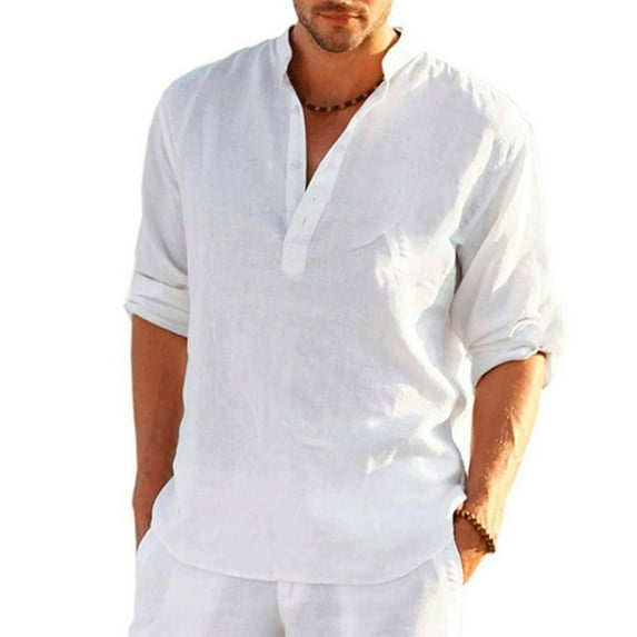 TELOLY Mens Shirts Cotton Linen Shirts for Men Long Sleeve Shirts for Men Casual Beach Summer T Shirts White