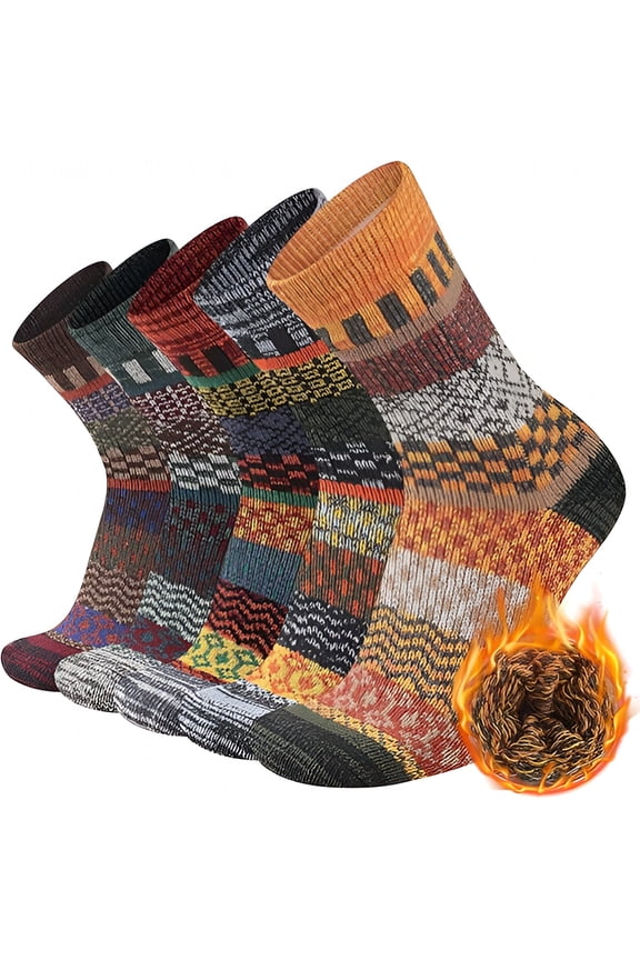 Mens Warm Wool Socks Thermal Winter Thick Crew Pattern Socks Cold Weather 5 Pairs