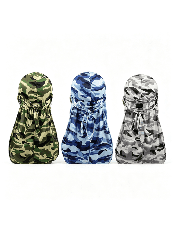 Military Camouflage Premium Silky Durags with Long Tail Colorful 360 Waves Doo Rag for Men Du Rag Cap Long Tail 360 Waves Durag for Men (3/4 Packed)