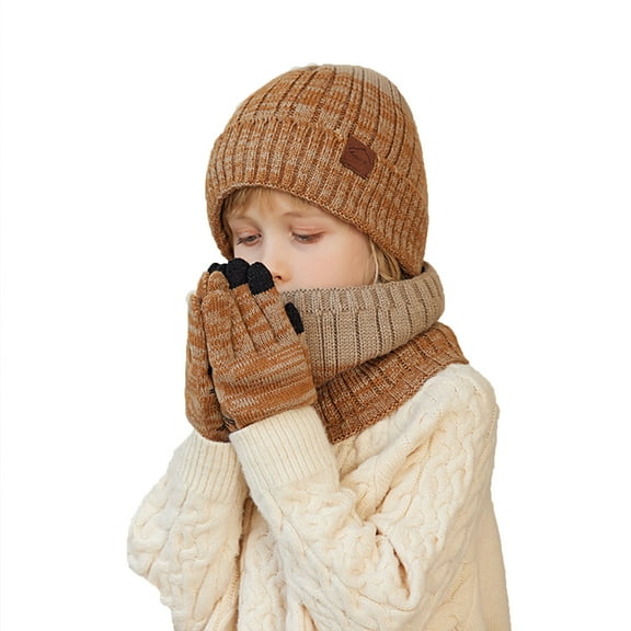 TELOLY Neck Gloves Three Piece Set,Winter Waterproof Hat,Warm Knitted Woolen Hat,Brown