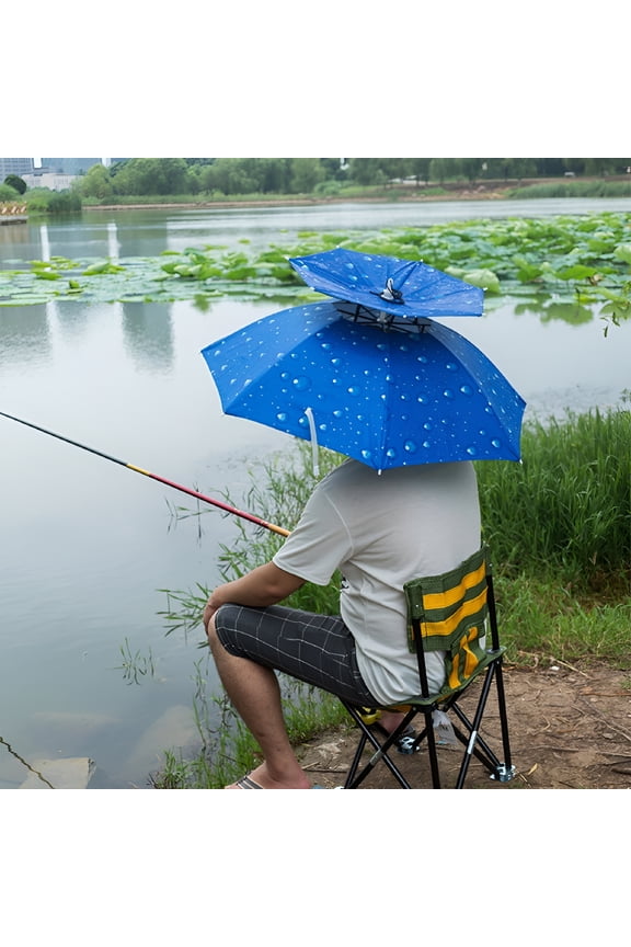 Outdoor Fishing Umbrella Oxford cloth Hands Free Portable Folding Double-layer mounted Sunshade Hat Fishing Golf Gardening Sunshade Outdoor Headwear blue
