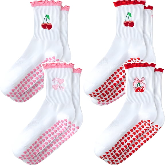 TELOLY 2026 New Pilates Socks with Grips for Women, 4 Pairs Ruffle Yoga Sock Cute Cotton Grippy Socks for Barre Workout Non Slip 5-10In