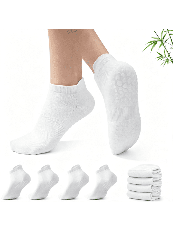 Pilates Socks with Grips for Women Bamboo Non Slip Grippy Socks for Yoga Barre Gym Home Studio Workout 4 Pairs Pilates Socks