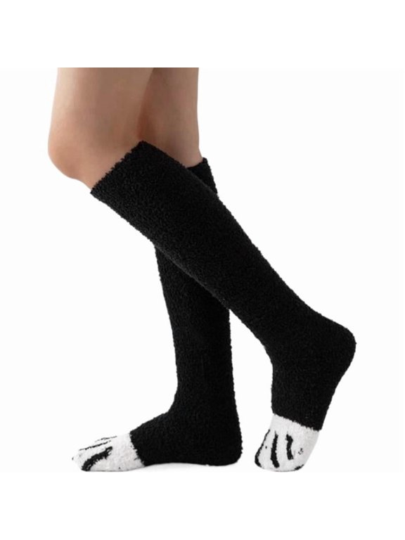 Polyester Fuzzy Cat Paw Calf Socks for Women: Warm, Comfortable and Non-Slip for Home, Office Or On-The-Go