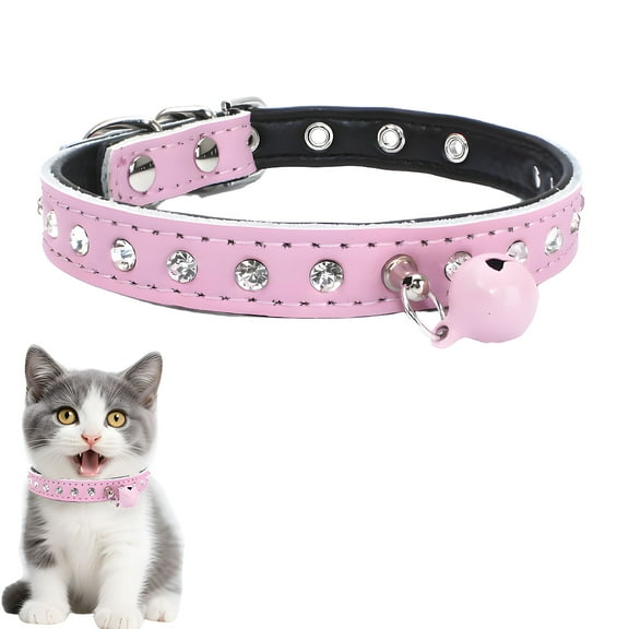 TELOLY Puppy Collar,Cowhide Lychee-Grained Imitation Leather Girl Dog Collars for Small and Medium Dogs and Cats,Shiny Rhinestone Bell Puppy Collars,Pink,S