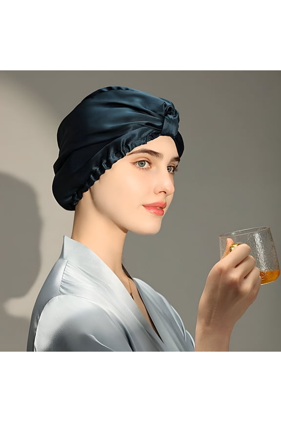 Pure Silk Night Caps Mulberry Silk Sleeping Bonnet Hair Loss Hat Natural Silk Turban For Hair Sleeping Silk Headwrap For Women navy 54-58cm size