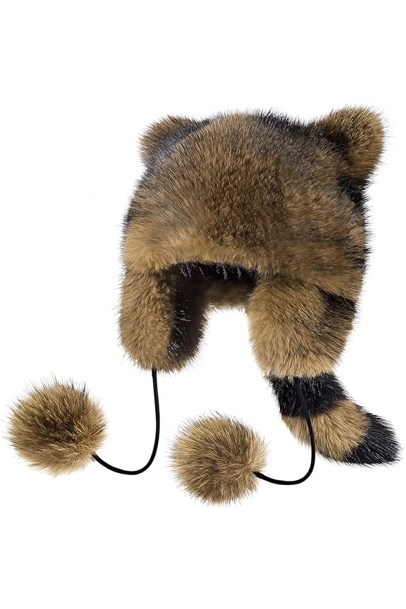Raccoon Hat with Tail for Women Men Faux Fur Coonskin Raccoon Tail Hat Warm Winter Cap for Unisex Cold Weather