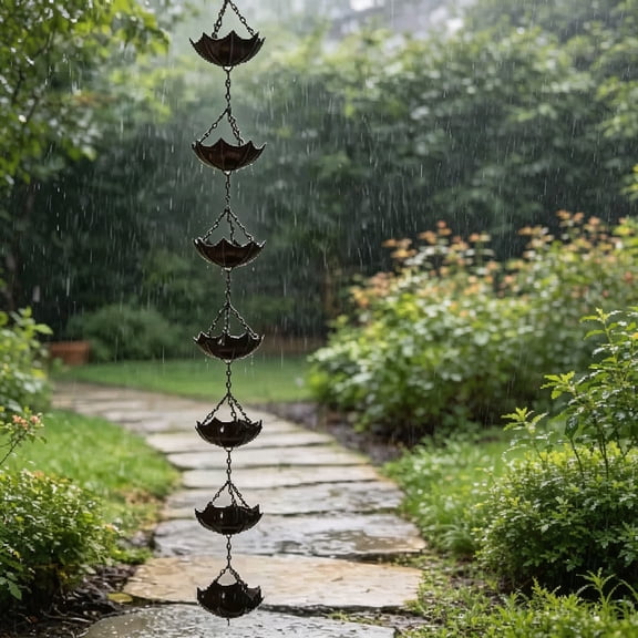 TELOLY Rain Chain for Gutters Outside, Decorative Metal Catcher with Adapter | 37In 7 Cups Stake & Bell Downspout Replacement Umbrella Chains Garden Drainage Eaves Replacement