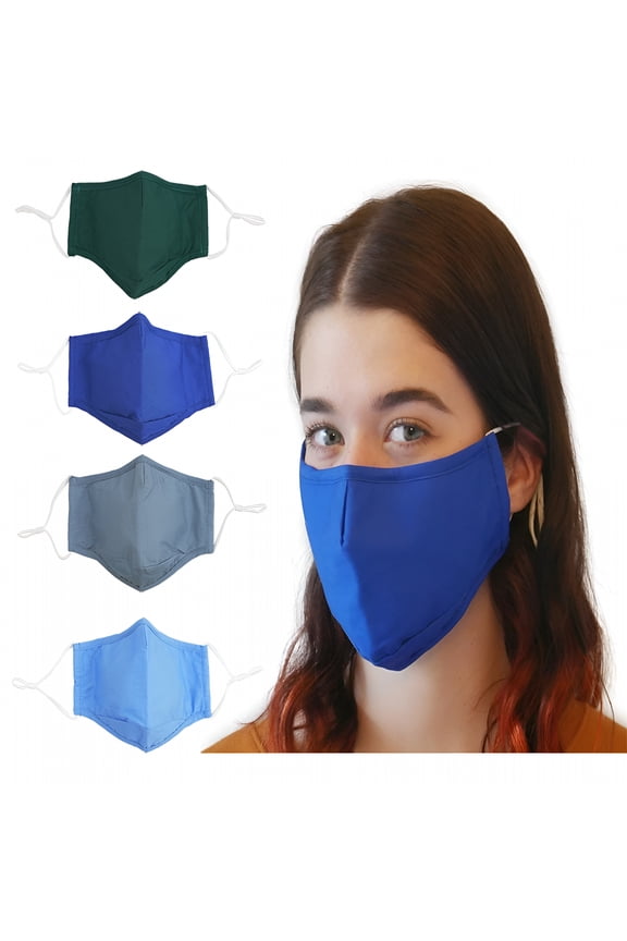 Reusable Cloth Face Mask, Breathable Adjustable Ear Loops, Light Blue/Green/Royal Blue/Gray, 4 ct
