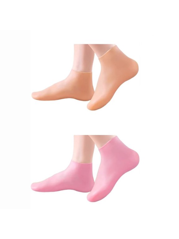Reusable Silicone Socks for Dry Cracked Feet & Heels - Moisturizing Socks for Women and Men Fits Sizes Us5-12 - Lotion Rubber Socks for Overnight Repair & Spa Treatment (Beige & Pink)