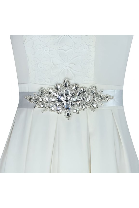Rhinestone Bridal Sash Waist Belt with White Satin Ribbon for Wedding Dress