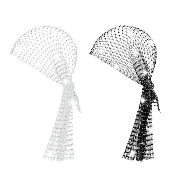 TELOLY Rhinestone Mesh Headband Rhinestone Head Scarf Sparkly Wide Head Scarfs Crystal Nightclub Headscarfs Stretchy Rave Party Head Wraps Rave Hair Accessories for Women (Black and White 2Pcs)