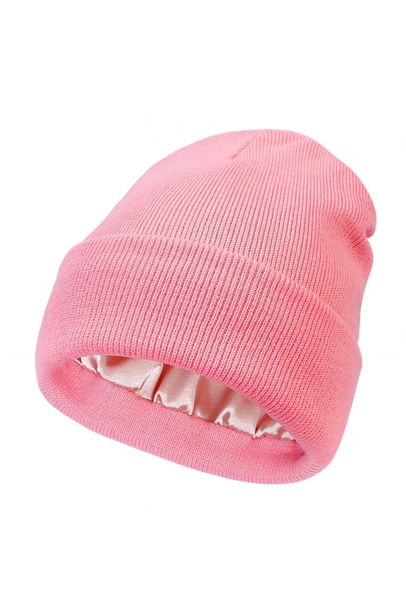 Satin Lined Beanie,Solid Color Panel Satin Beanie,Minimalist Versatile Style Satin Lined Beanie for Women,Pink