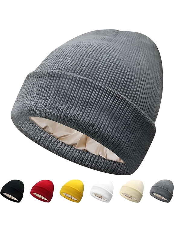 Satin Lined Beanie for Women Silk Lining Soft Winter Hats Reduce Frizz Knit Beanies Warm Skull Cap