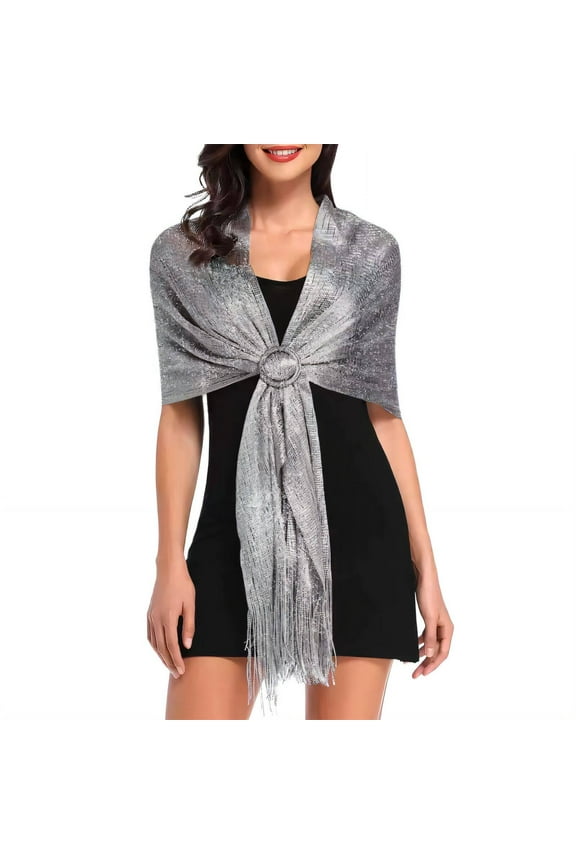 Shawl Wraps for Women,Shimmering Gold and Silver Thread Design Shawls for Women,Elegant Tassel Accents for Extra Movement Shawls and Wraps for Evening Dresses,Silver