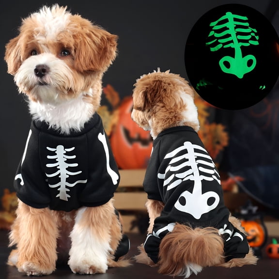 TELOLY Skeleton Luminous Pet Costume Jumpsuit for Small Medium Dogs Funny Halloween Clothes Apparel Puppy Outfit Cosplay Prop
