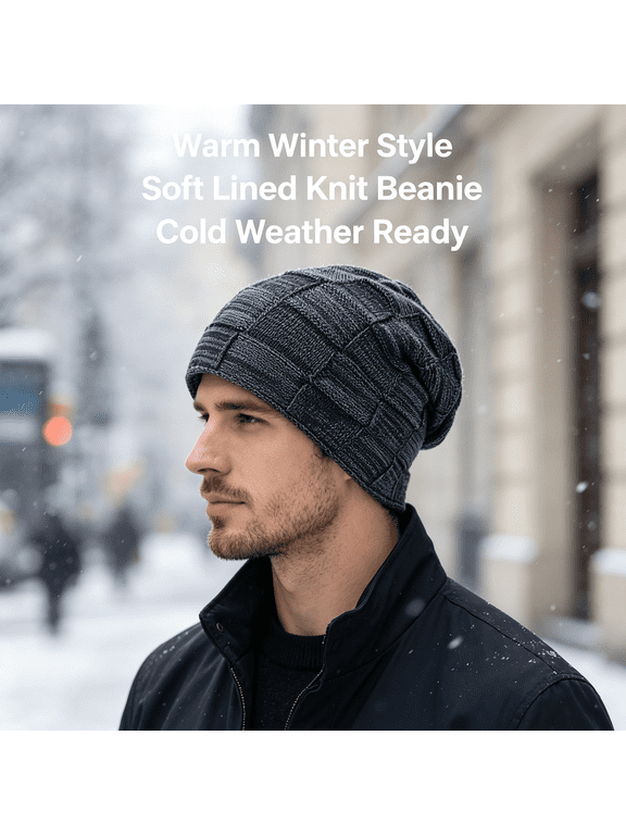 Slouchy Beanie for Men Winter Hats for Guys Cool Beanies Mens Lined Knit Warm Thick Skully Stocking Binie Hat Pairs Lined Knit Beanie for Men