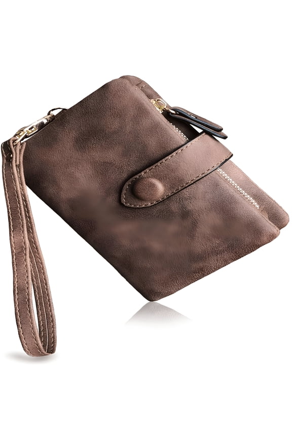 Small Bifold Leather Wallets RFID Ladies Wristlet with Card Slots ID Window Zipper Coin Purse---Brown