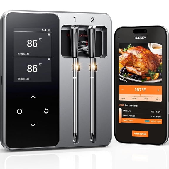 TELOLY Smart Bluetooth Wireless Meat Thermometer with 6 Sensors,0.5S Instant Read,0.5F Digital Thermometer,Standalone Base,App Control&Real-Time Alert,2 Ultra-Thin Probes for Bbq,Grill,Smoker