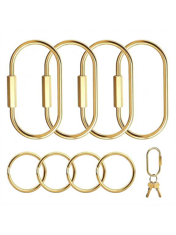 Solid Brass Screw Lock Key Ring Set-4 Gold Tone Carabiner Clips with 4 O Rings,Key Holder and Bag Charm for Purse,Tote Bag Or Backpack Durable&Versatile Style Key Rings