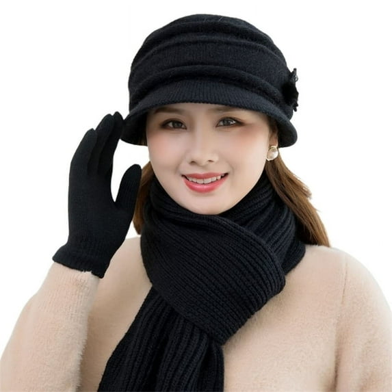TELOLY Songbirdth Women Hat Set,1 Set Hat Scarf Gloves Non-allergenic Comfortable Thick Mother Beanie Cap Scarf Mittens for Daily