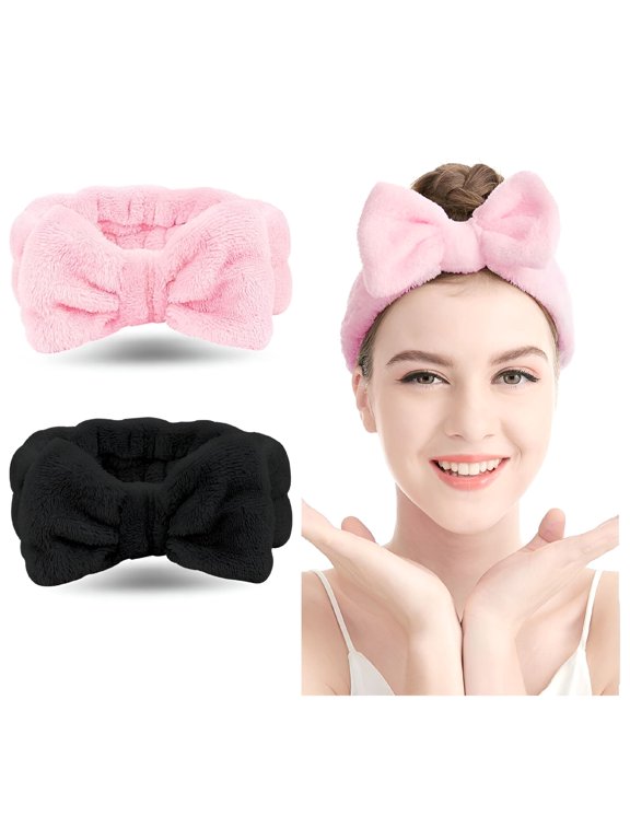 Spa Headband 2 Pack Bow Hair Band,Soft Coral Fleece Head Wrap for Face Wash