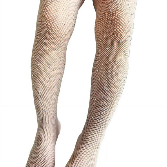 TELOLY Sparkle Tights,Breathable Net Style Rhinestone Tights,Colorful Fishnet Socks Trendy Look Knee High Socks,Beige