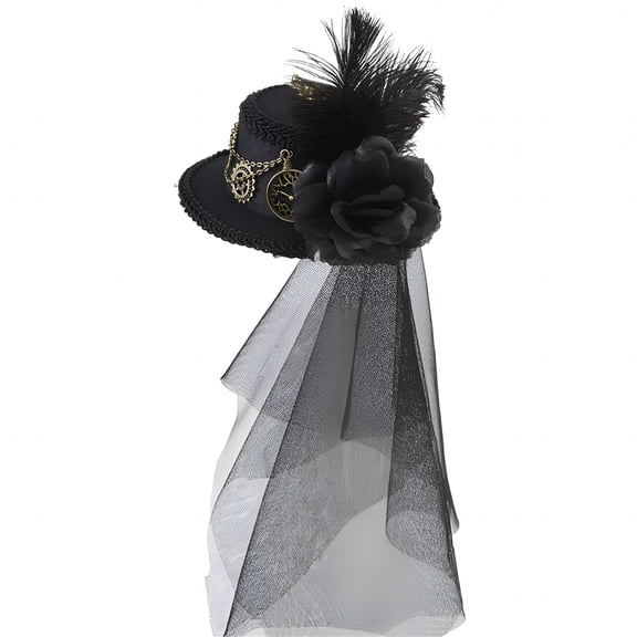 TELOLY Steampunk Top Hat with Veil for Women, Vintage Fascinator with Gear Accessories and Dark Floral Lace, Gothic Lolita Hat for Cosplay Costume Party Halloween Theatrical Performance