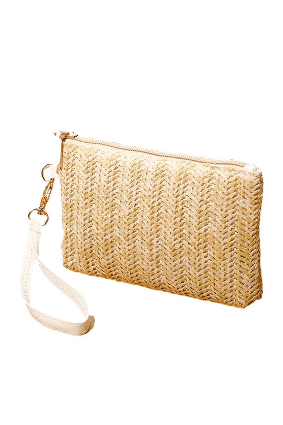 Straw Clutch Bag Bohemian Summer Beach Straw Purse Zipper Wristlet Wallet for Women - beige