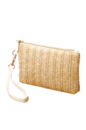 Straw Clutch Bag Bohemian Summer Beach Straw Purse Zipper Wristlet Wallet for Women - beige