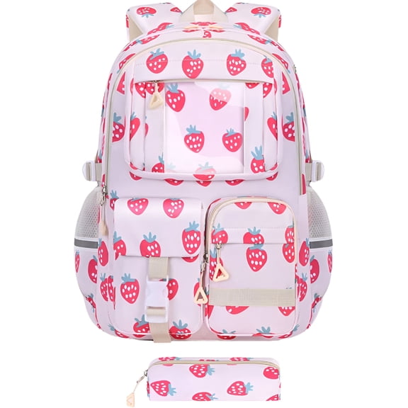 TELOLY Strawberry Shortcake Backpack, Pink Strawberry Backpack, Fruit Patterned Backpack, Laptop Backpack, Travel Daypack, Cute and Fashionable Backpack, Multi-Pocket Bookbag