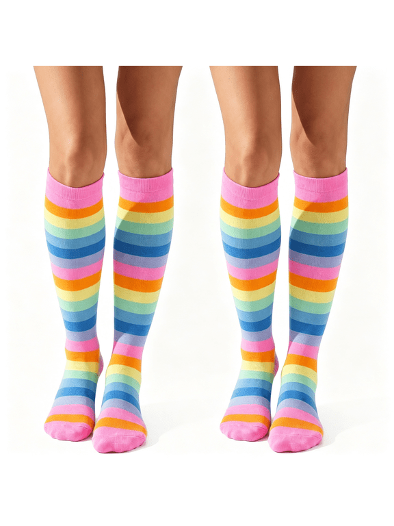 Striped Knee High Socks for Women 2 Pairs Rainbow Colorful Calf Tube Socks Rainbow Socks