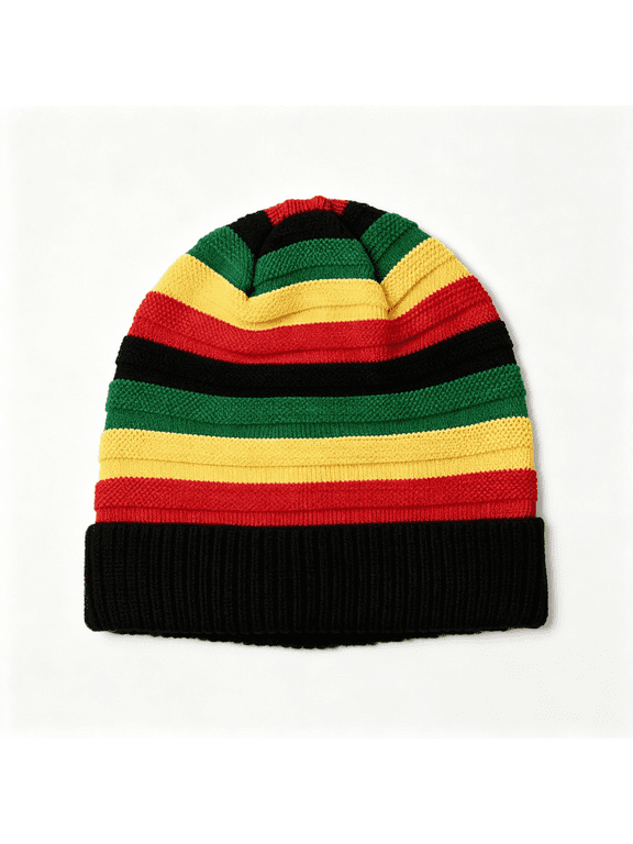 Striped Rasta Slouchy Beanie,Unisex Reggae Style Knitted Skull Cap,Relaxed Fit Colorful Knit Hat for Concerts and Daily Wear,Suitable for Cold Weather with Jamaican Reggae Style.