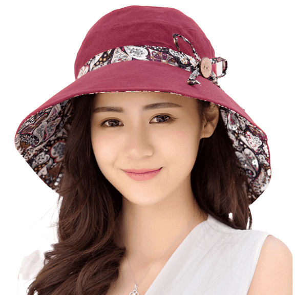 TELOLY Sun Hat Cotton Breathable Bucket Hat Windproof Rope Design Sun Hats for Women,Claret
