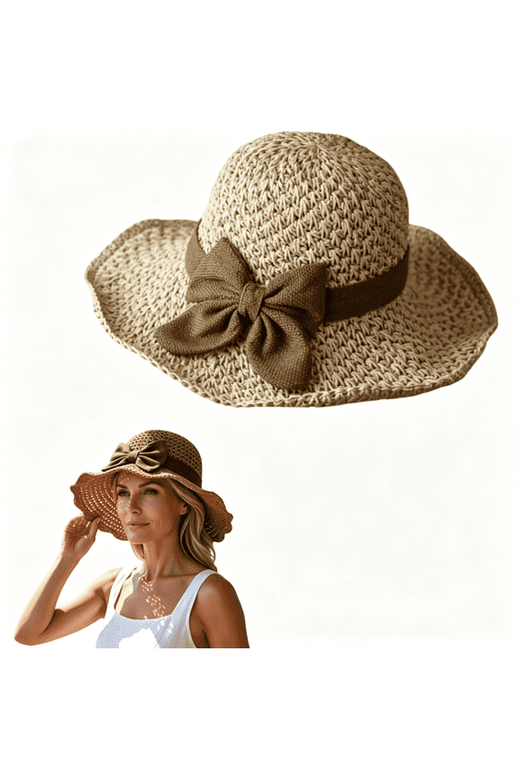 Sun Hat,Elegant Woven Straw Sun Hat with Bow,Summer Vintage Ruffle Straw Hat for Women Wide Brim Foldable