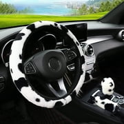 TELOLY Taicanon 37-38Cm Plush Car Steering Wheel Cover Hand Brake Gear Cover Set Cow Print Anti-Slip Soft Plush Car Steering Wheel Cover Auto Interior Accessories Car Styling(Black2)