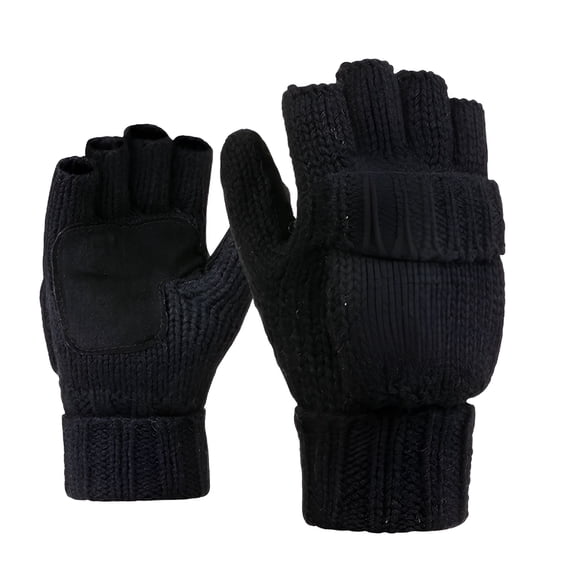 TELOLY Thermal Insulation Fingerless Texting Wool Gloves for Women and Men Winter Warm Knitted Convertible Mittens Flap,Black