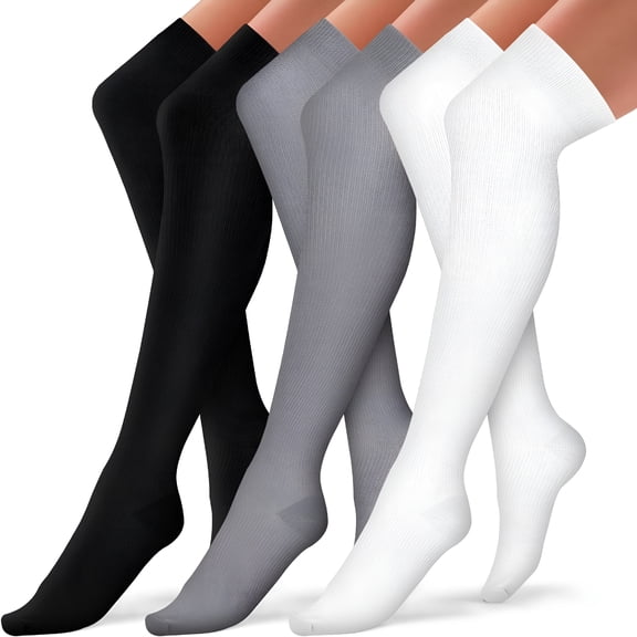 TELOLY Thigh High Compression Socks for Women and Men Circulation (3 Pairs) Over the Knee - Best Support for Running, Travel