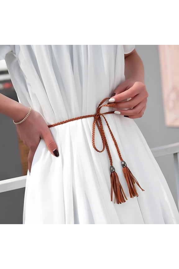 Thin PU Leather Belt Women Brown Waist Belts Female Dress Strap Tassel Fringe Chain Belts for Women