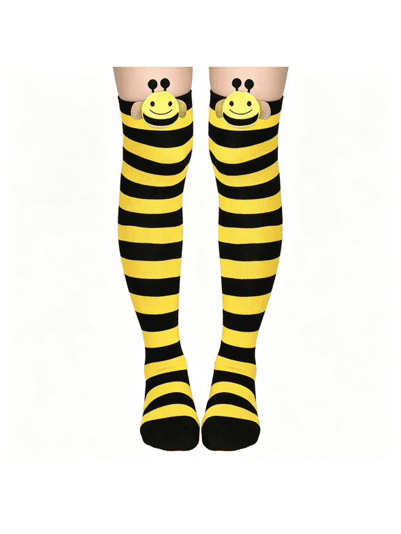 Toddler Kids Striped Knee High Bee Socks for Girls Boys|Kids Cute Bee Stockings Black Yellow Striped Long Socks for Birthday and Halloween Dress Up 3D Cute Novelty Cartoon Stretchy Socks