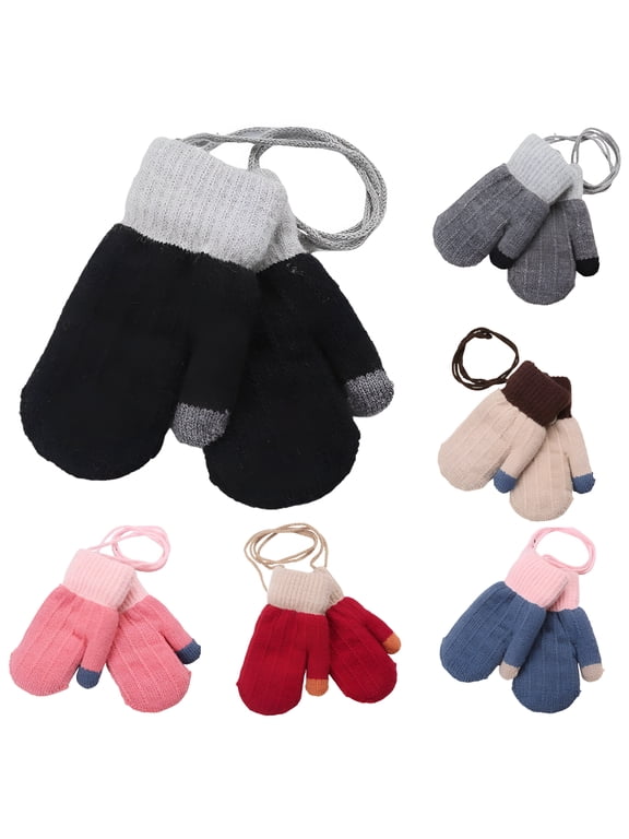 Toddlers Full Finger Gloves Kids Winter Double Layer Thick Warm Full Finger Stitching Knitted Mittens Winter Warm Furry Knitted Mitten with Neck String