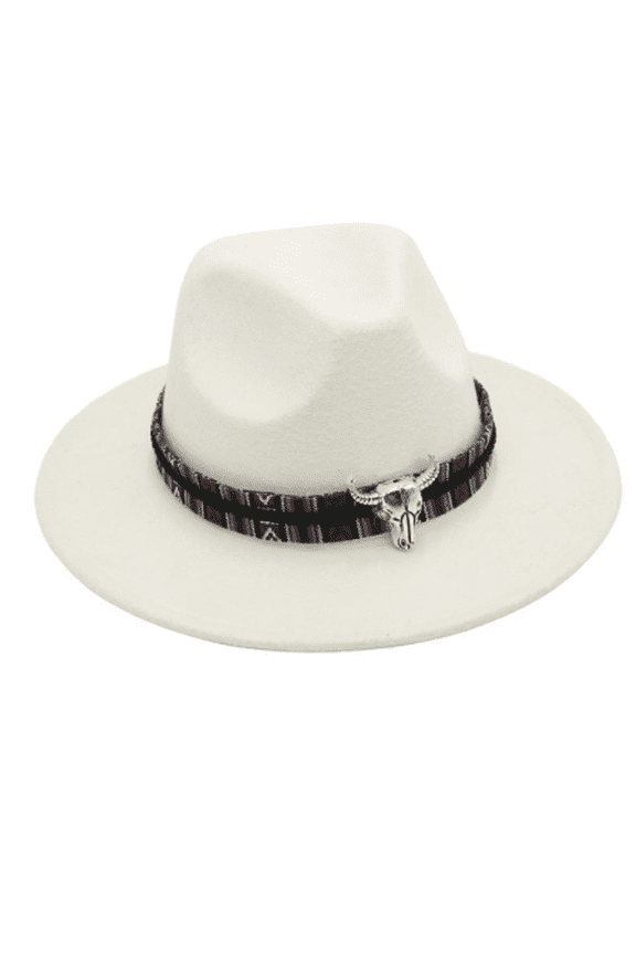 Top Hat Bull Head Ethnic Style Jazz Hat for Men and Women Fedora Hats for Men Felt Prairie Riding Hat Four Seasons Hats for Women,Off-White