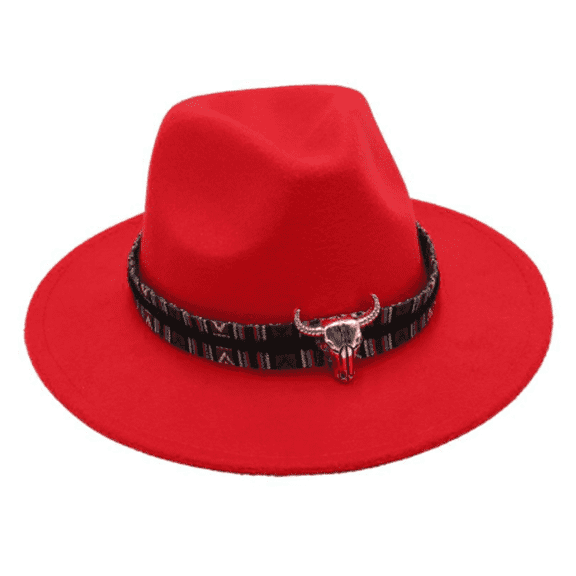 TELOLY Top Hat Bull Head Ethnic Style Jazz Hat for Men and Women Fedora Hats for Men Felt Prairie Riding Hat Four Seasons Hats for Women,Red