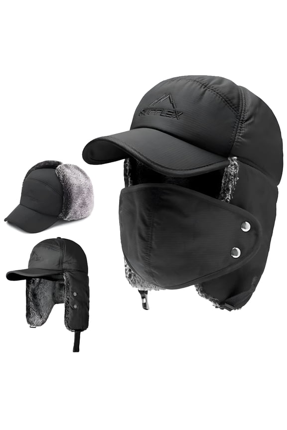 Trapper Hat, Winter Hats with Ear Flaps for Cold Weather, Warm Baseball Caps for Men Women, Warm Winter Hats for Men, Black